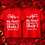 Personalized Valentine Couple T-Shirts – My Heart Belongs to Him & Her