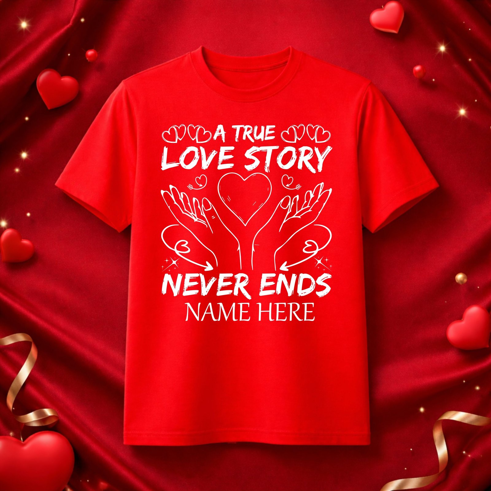 2 Personalized Couple Love T-Shirt | A True Love Story Never Ends - Image 1