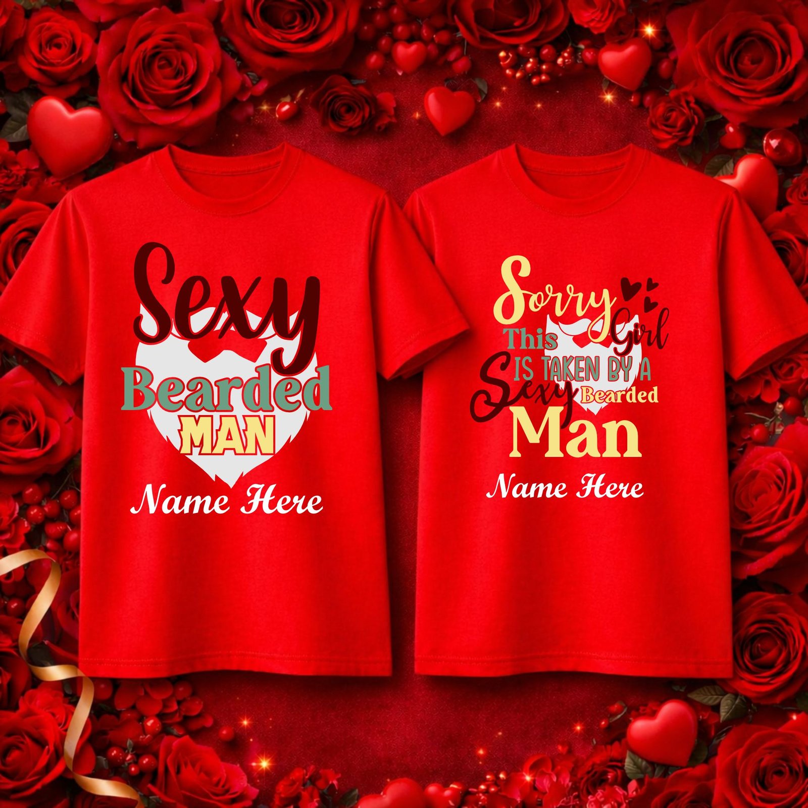6 Customized Valentine Couple T-Shirts with Names – Bearded Love - Image 1